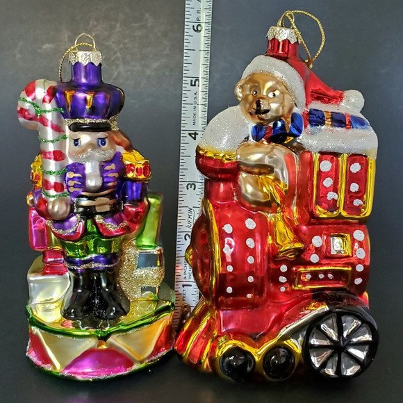 Hand Painted Glass Christmas Tree Ornaments Teddy Bear on Train/ Nutcracker 1990 - Picture 1 of 7